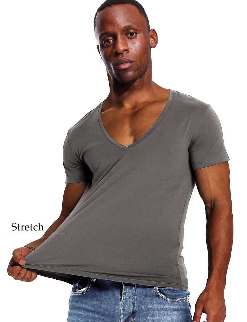 Zbrandy Deep V Neck T Shirt for Men Low Cut Vneck Invisible Tee Vee Top Dark Grey M - Image 5